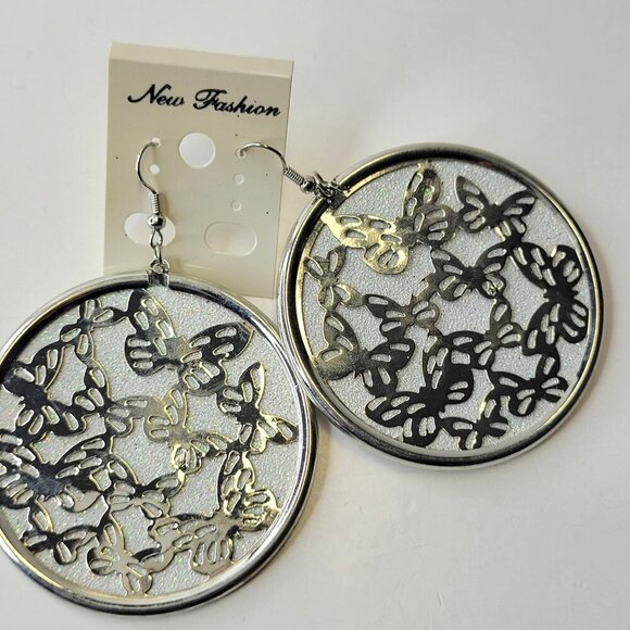Silver Butterfly Earrings Silver Glitter Large Round Earrings Butterfly Earrings - Picture 1 of 7